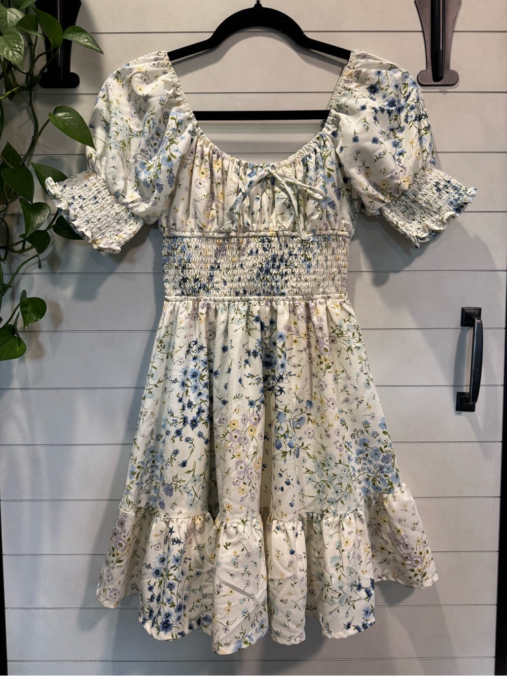Altar'd State Cream Floral Smocked Mini Dress with Blue & Green Accents